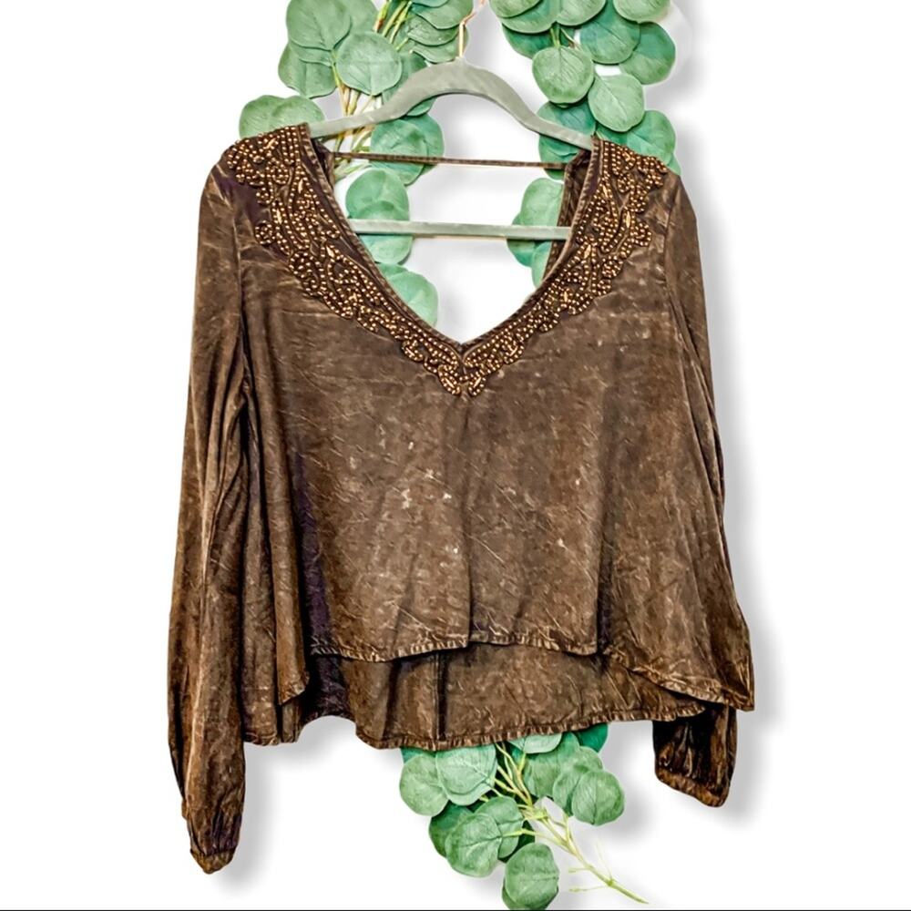 Ecote Cropped Embroidered Boho Long Flutter Sleeve Small